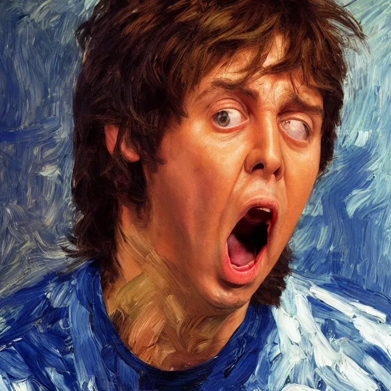 Prompt: warmly lit close up studio portrait of young furiously angry!! Paul McCartney in 1965 angrily singing, impasto oil painting thick brushstrokes by Lucian Freud and Cy Twombly and Tim Hawkinson , trending on artstation dramatic lighting Expressionism