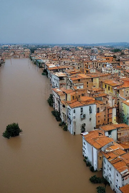 Image similar to a flooded Pescara City filled with orange juice, horror 1024 A