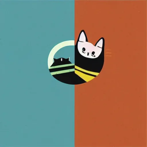 Prompt: minimalist illustrations that depict cats as part of colorful landscapes