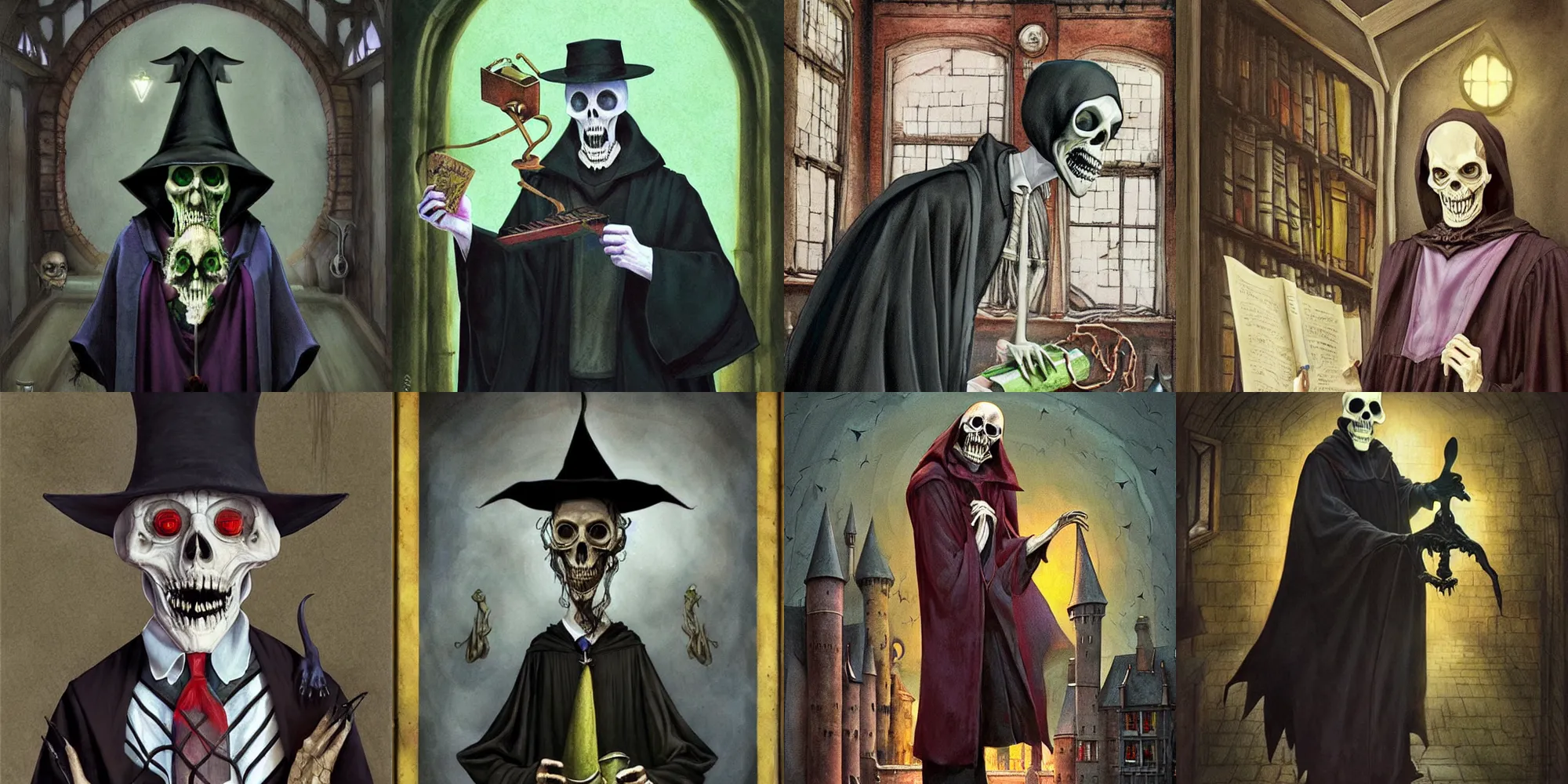 Prompt: The Reaper as a scary, but quirky professor in Hogwarts School of Witchcraft and Wizardry, detailed, hyperrealistic, colorful, cinematic lighting, digital art by Paul Kidby’