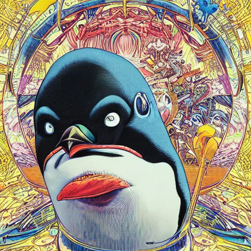 Image similar to portrait of crazy penguin, symmetrical, by yoichi hatakenaka, masamune shirow, josan gonzales and dan mumford, ayami kojima, takato yamamoto, barclay shaw, karol bak, yukito kishiro