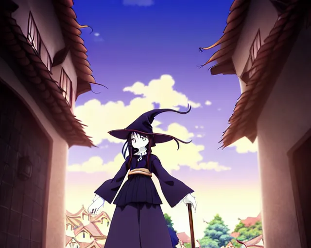 Prompt: ( ( majo no tabitabi ) ), kyoani key anime visual portrait of a young female witch walking through a busy medieval village, dynamic pose, dynamic perspective, cinematic, dramatic lighting, detailed silhouette, anime proportions, perfect anime face ( murata range )