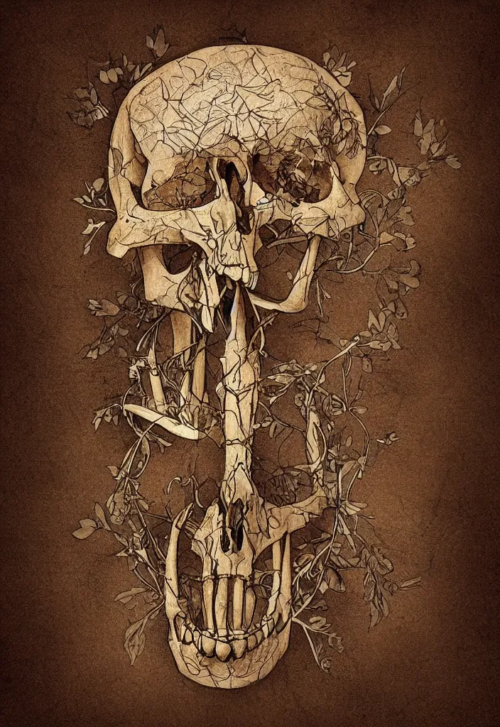 Prompt: a eeire flower skeleton, artistic, brown background, digital art.