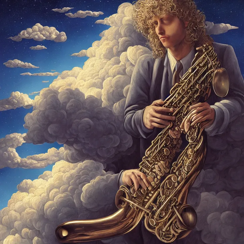 a young blond man with long curly hair playing sax, on Stable