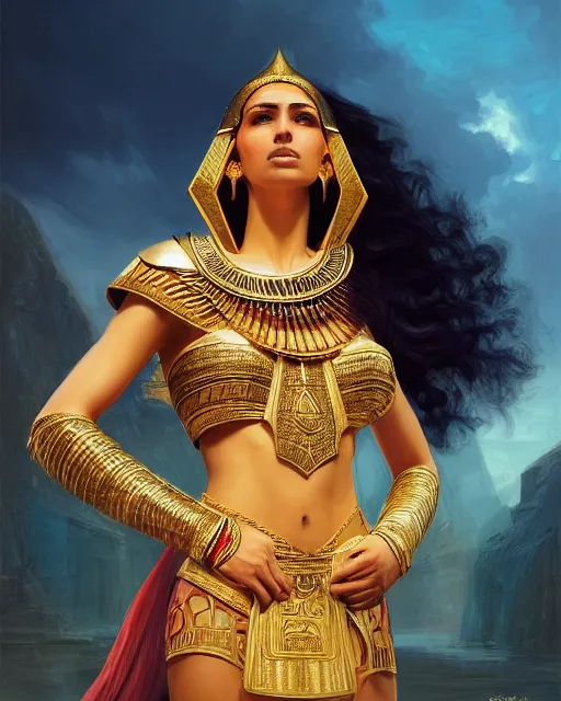 Image similar to Jessica Kahawaty as a beautiful egyptian princess, gorgeous, portrait, Symmetrical, powerful, intricate, beautiful, masterpiece, elegant, volumetric lighting, dramatic lighting, highly detailed, artstation, sharp focus, no cropping, illustration, Artgerm, Jean-Léon Gérôme , ruan jia