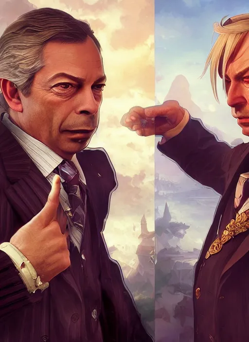 Image similar to a Photorealistic dramatic hyperrealistic, Nigel Farage and Thancred Waters in FF14 by WLOP, Artgerm, Greg Rutkowski, Alphonse Mucha, Beautiful dynamic, shadows, Artstation, concept design art,Octane render,8K