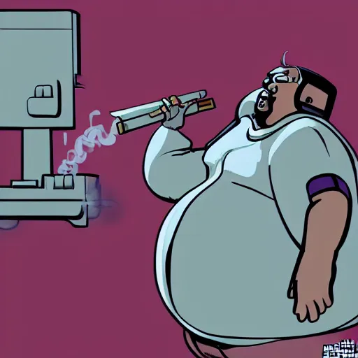 Prompt: a morbidly obese man with cybernetic limbs smoking a cigar, and pointing angrily at the screen, futuristic, comic book, sci-fi, artstation, 8k, ultradetailed