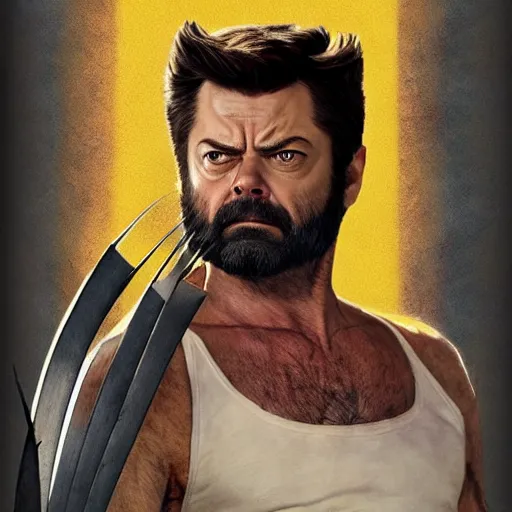 Image similar to logan wolverine pictured as nick offerman, photorealistic marvel movie still, imdb, detailed, 8 k, poster photosession style, deviantart and artstation top picks