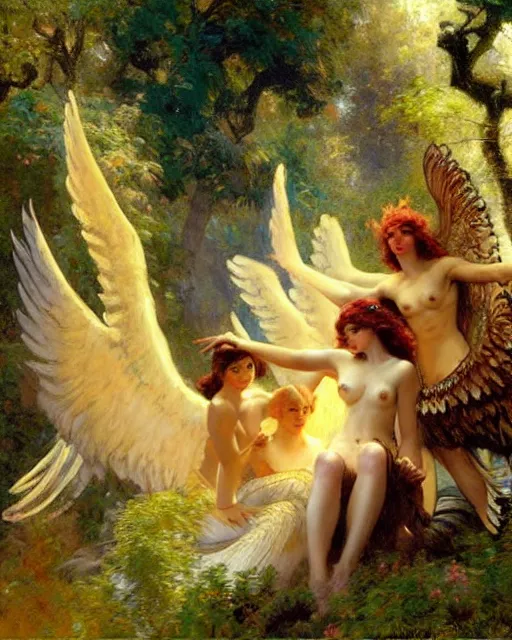 Image similar to harpies find a handsome man in the enchanted valley, painting by gaston bussiere, craig mullins, j. c. leyendecker