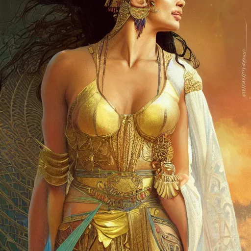 Prompt: Shanina Shaik as Cleopatra, intricate, elegant, highly detailed, digital painting, artstation, concept art, smooth, sharp focus, illustration, art by artgerm and greg rutkowski and alphonse mucha