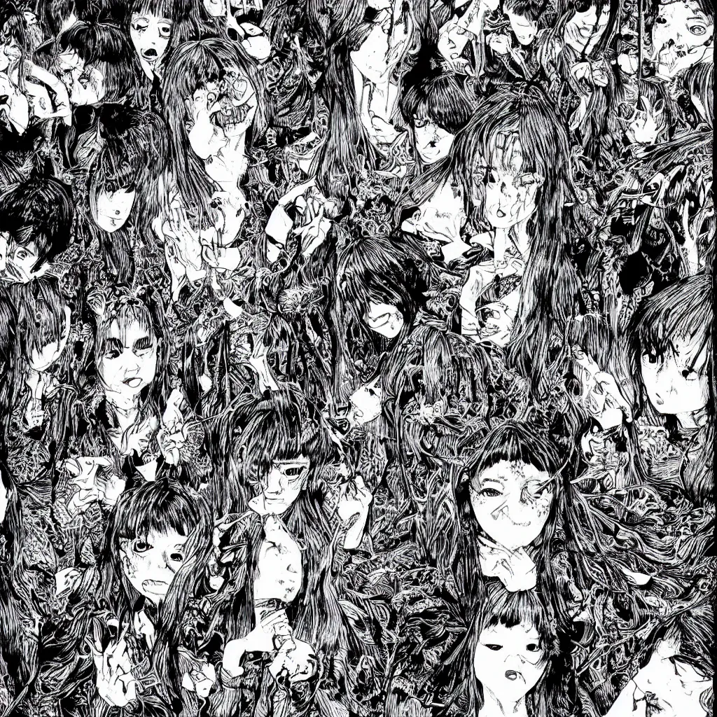 Prompt: horrors beyond comprehension, vile, grotesque, art by junji ito, yuki fujisawa, shintaro kago, intricate, black and white, highly detailed