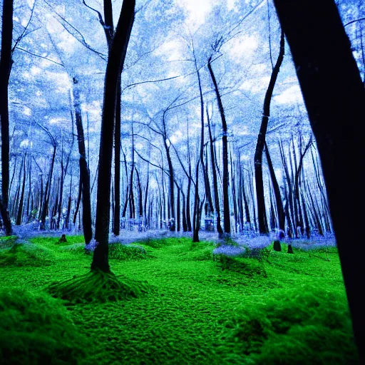 Image similar to Ground level view of An indigo forest in Japan, dark, midnight, seven ghostly white trees