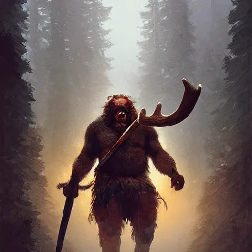 Image similar to hairy barbarian with moose head, digital art, greg rutkowski