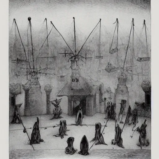 Image similar to plague doctors in the mist with weird rube goldberg machines, minimalist, joel peter witkin, heironymus bosch, gustave dore, beksinski, giger'