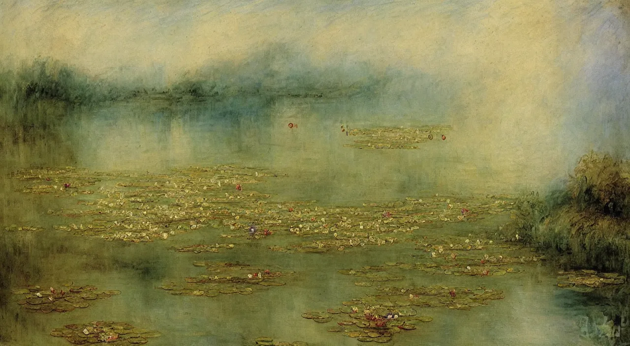 Prompt: a beautiful painting of summer lotus pond, by william turner