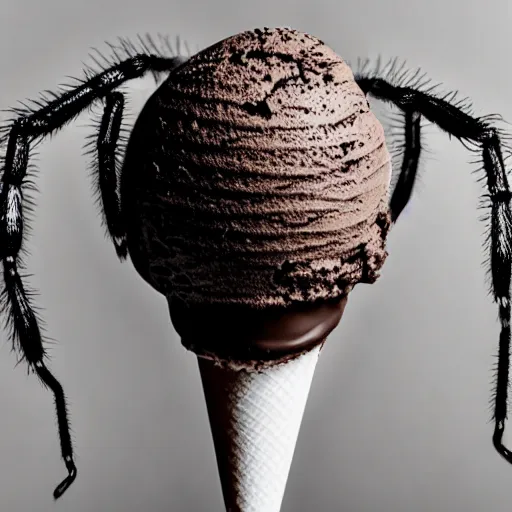 Prompt: detailed, textured photograph of a levitating chocolate ice cream cone with huge, hairy spider legs at the base. dramatic light.