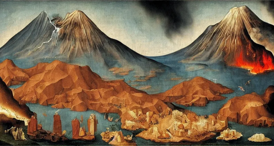 Image similar to !dream the creation of a volcano, divine inspired painting, masterpiece, intricate details, incredible painting, painted by the great masters and bosch