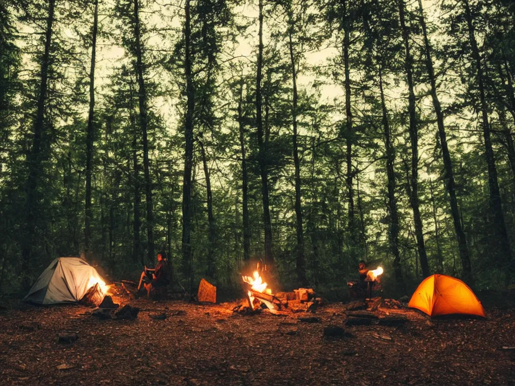 Prompt: a man is camping in a forest, it is night and there is a small campfire next to his sleeping bag, his horse stands tethered nearby, dramatic cinematic lighting