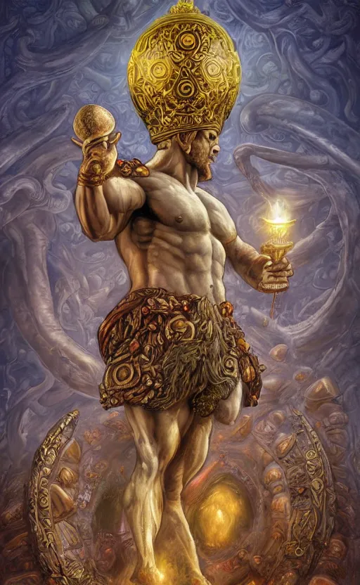 Image similar to a masterpiece hyperdetailed dnd tarot card full body portrait, magnificent mushroom deity as depicted in a colossal marble statue ( with godlike bodybuilder physique ) made by ancient greeks, hd tarot card depicting monumental statue of a dignified mushroom god with cute large mushroom hat, golden norse runes in the background, hdr, 8 k, artstationhq, digital art