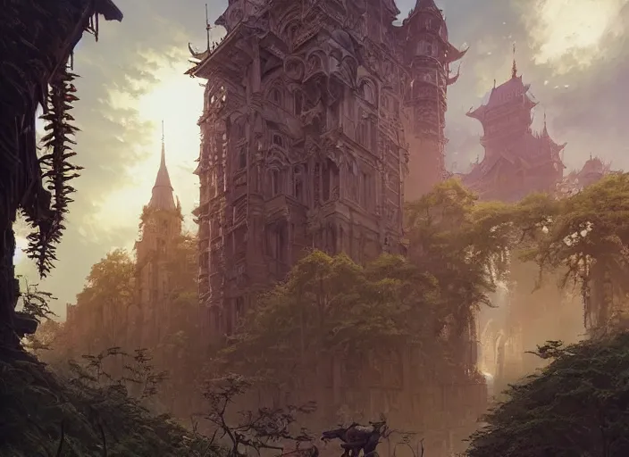 Image similar to highly detailed leipzig, undead land, stephen bliss, unreal engine, wuxia art by greg rutkowski, loish, rhads, ferdinand knab, makoto shinkai and lois van baarle, ilya kuvshinov, rossdraws, tom bagshaw, alphonse mucha, global illumination, radiant light, detailed and intricate environment