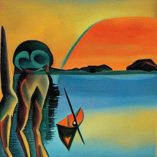 Image similar to Cubist painting of two elves fishing in a boat at sunset on a quiet pond