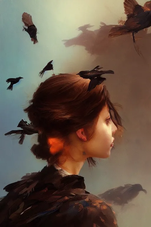 Image similar to birds, flock of brown black blue birds, oil painting, sunlit, paint texture, digital painting, highly detailed, artstation, sharp focus, illustration, concept art, ruan jia, charlie bowater, tom bagshaw, norman rockwell