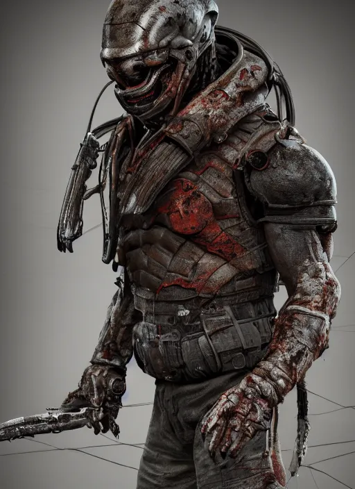 Image similar to a photorealistic dramatic hyperrealistic render of predator, ultra realistic details, well worn, rust, oil stains by vitaly bulgarov and mike nash, beautiful dramatic dark moody tones and lighting, cinematic atmosphere, studio lighting, global illumination, shadows, dark background, octane render, 8 k
