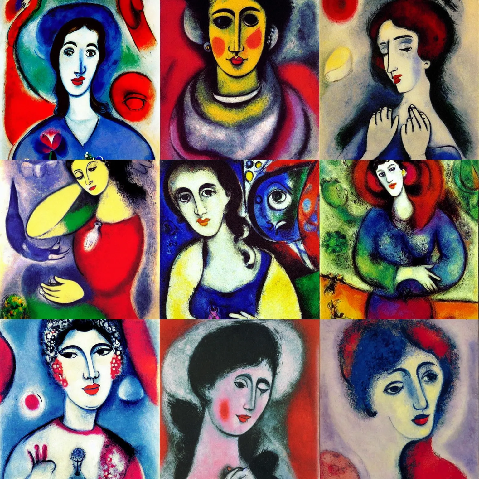 Prompt: beautiful woman portrait, by marc chagall