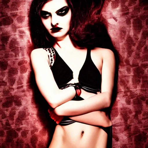 Image similar to Satan, Woman, femme fatale, beautiful, deadly, black, red, photograph, highly detailed, sharp focus,