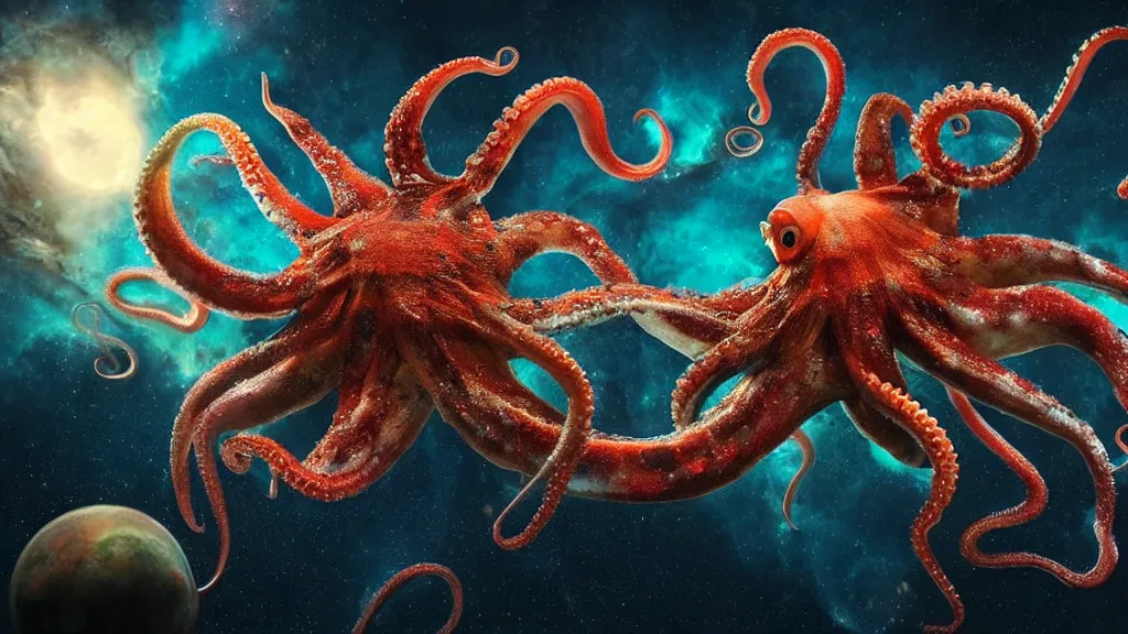 Image similar to octopus spider hybrid on a planet. close bottom view. whole body. nebula background. cinematic composition. cinematic lightning. ultra realistic. 8 k. highly detailled. deep space. ultra realistic details. cinematic atmosphere. studio lighting. shadows. dark background.