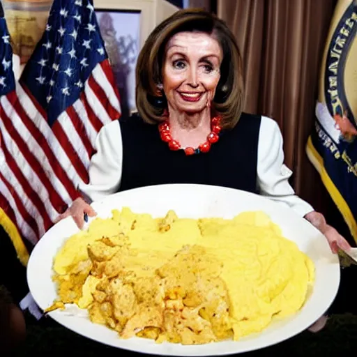 Image similar to a photograph of nancy pelosi wearing an army uniform while eating a large plate filled with scrambled eggs