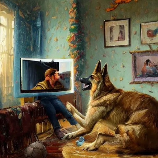 Image similar to a humanoid german shepherd beast - man, sitting and watching a soccer match in his house on television, he has hurt his knee and is a dad, by erin hanson, alexi zaitsev, karl spitzweg, award winning, tv set