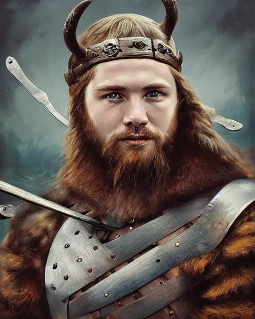 Prompt: portrait of a handsome young viking warrior, art by denys tsiperko and bogdan rezunenko and gengoroh tagame, hyperrealism, fantasy art