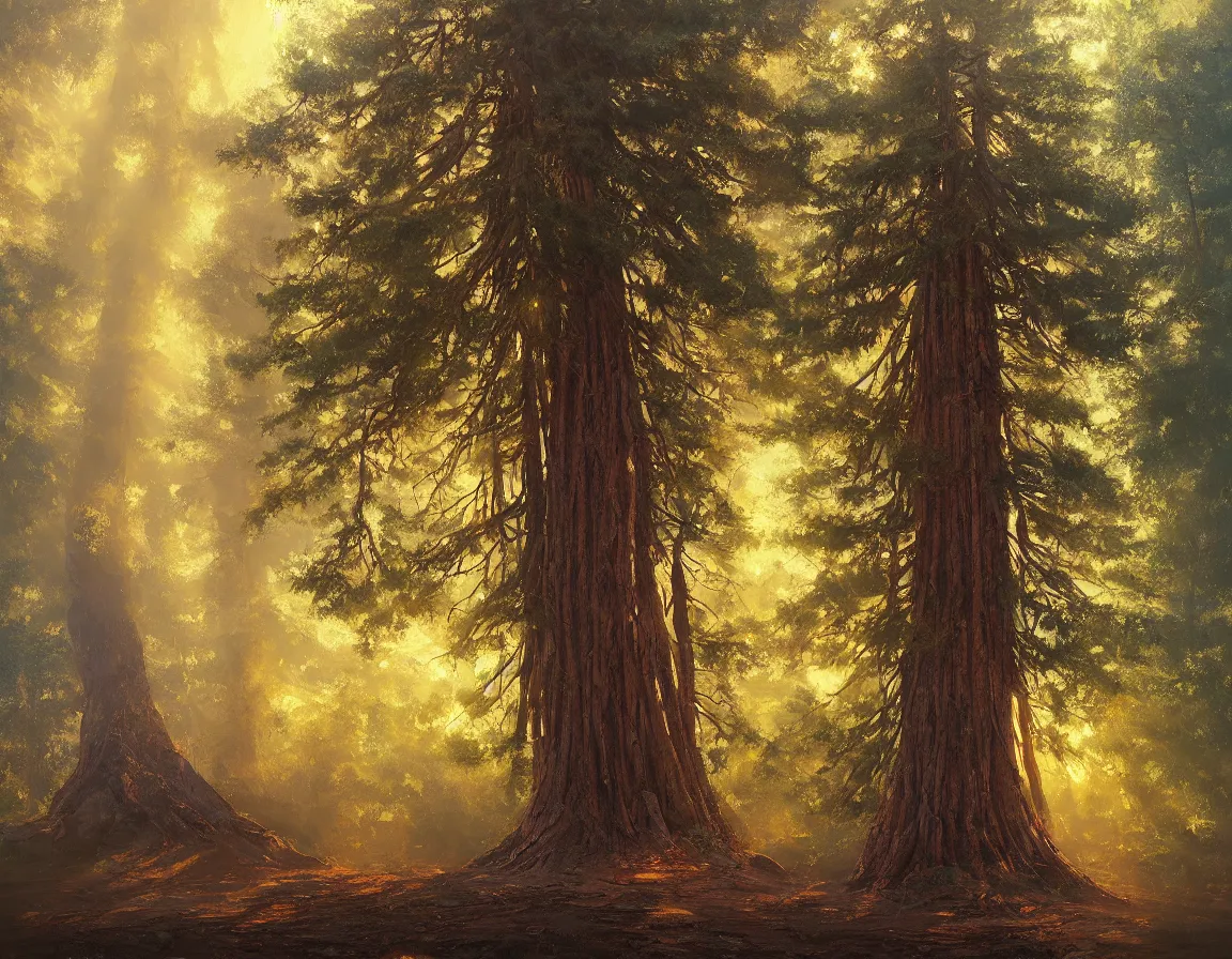 Prompt: hyper realistic oil painting of sequoya tree, hd, hdr, by moebius and john howe and albert bierstadt and alena aenami, ultra detailed, high resolution