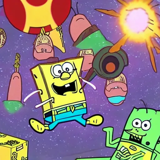 Prompt: the avengers battle spongebob squarepants in space, galaxy, hd, explosions, gunfire, lasers, spatula, giant, epic, showdown, colorful