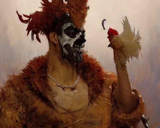 Image similar to a scary man dressed as a chicken, highly detailed painting by gaston bussiere, craig mullins, j. c. leyendecker 8 k