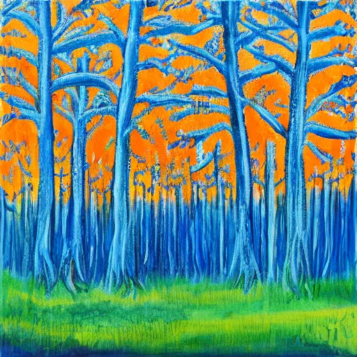 Image similar to a blue and orange forest, four seasons