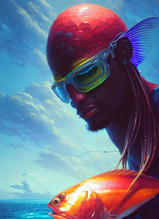 Image similar to portrait of a jamaican fisherman sci - fi glowing fishing armor jamaican colors muscular cyberpunk intricate elegant highly detailed digital painting artstation concept art, ocean fish background, greg rutkowski, loish, rhads, ferdinand knab, makoto shinkai and lois van baarle, ilya kuvshinov, rossdraws, tom bagshaw