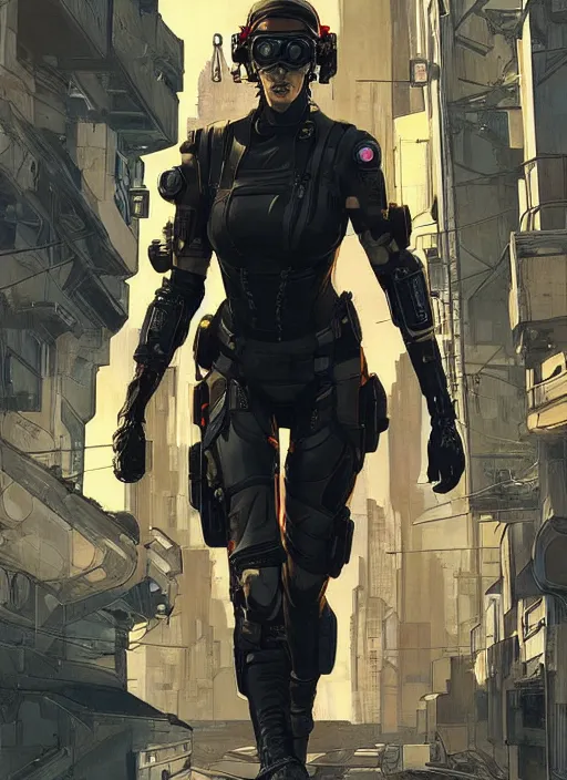 Prompt: cyberpunk blackops spy. catsuit. portrait by ashley wood and alphonse mucha and laurie greasley and josan gonzalez and james gurney. spliner cell, apex legends, rb 6 s, hl 2, d & d, cyberpunk 2 0 7 7. realistic face. dystopian setting.