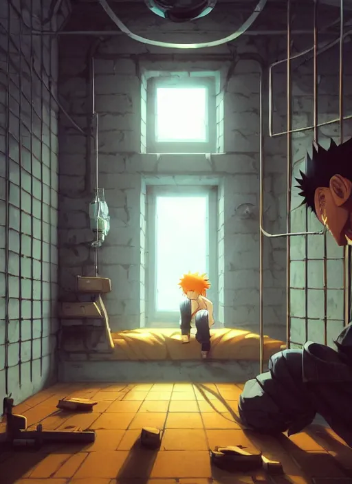 Image similar to highly detailed prison cell with naruto uzumaki with black hair, metal bars in window, powerfully hitting a wall, art by greg rutkowski, loish, rhads, ferdinand knab, makoto shinkai and lois van baarle, ilya kuvshinov, rossdraws, tom bagshaw, global illumination, radiant light, detailed and intricate environment