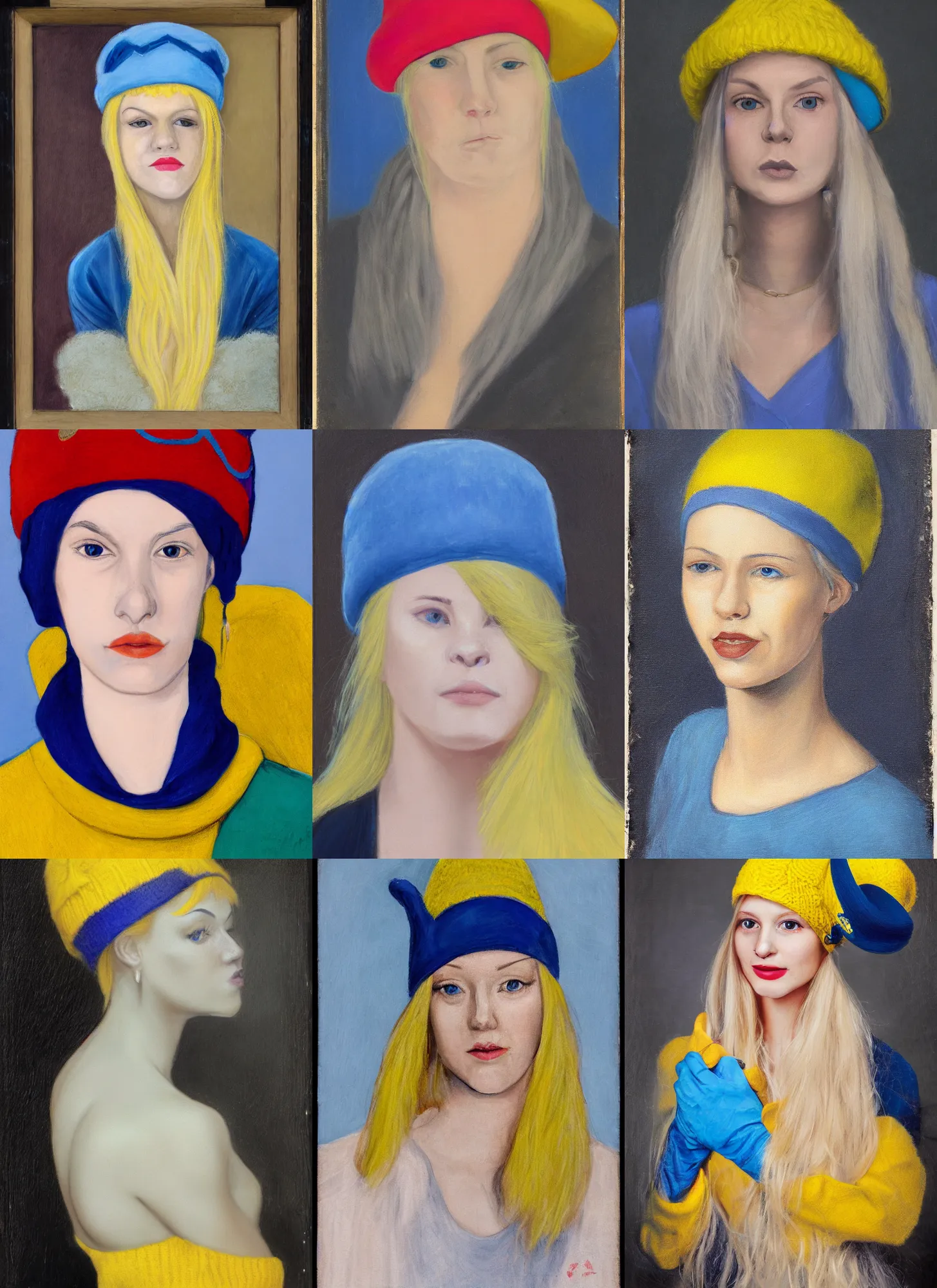 Prompt: portrait of a young lady with yellow hair, nose ring, wearing a blue hat