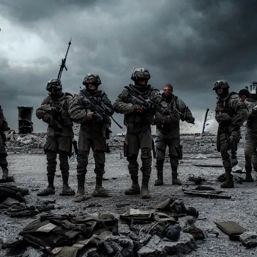 Image similar to Special Forces in grey uniform fighting in a ruined city in 2022, photo by Adam Ferguson, Pulitzer Winning, cinematic composition, breathtaking, modern, 2022