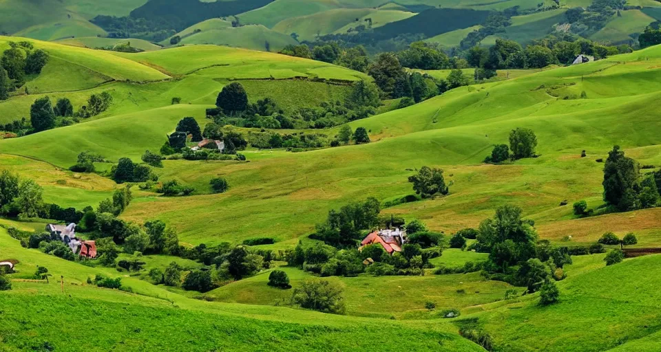 Image similar to verdant valley and rolling hills reminiscent of hobbiton, the lord of the rings