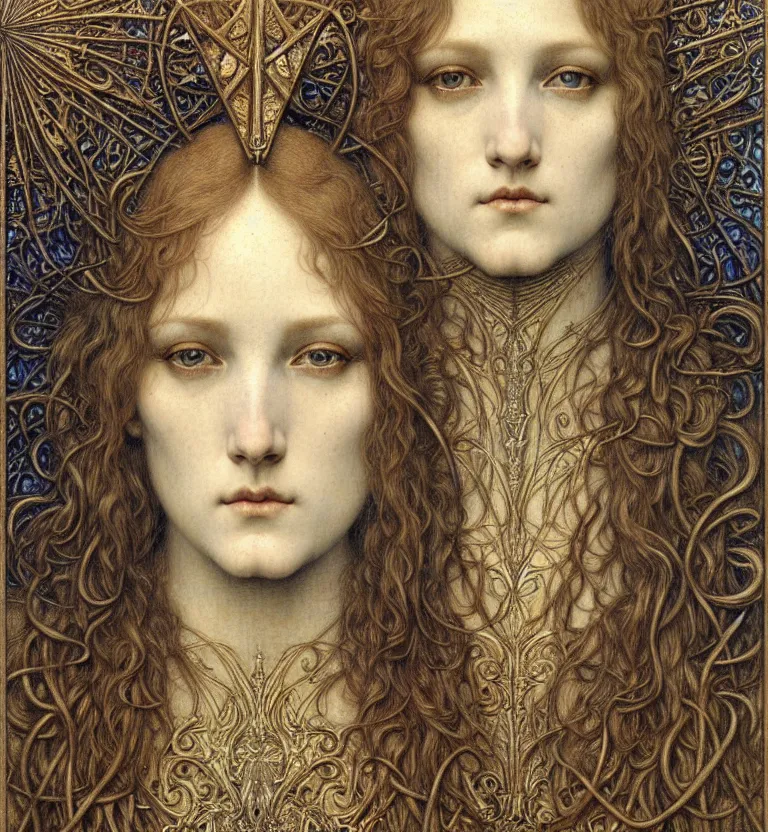 Image similar to detailed realistic beautiful young medieval queen face portrait by jean delville, gustave dore and marco mazzoni, art nouveau, symbolist, visionary, gothic, pre - raphaelite. horizontal symmetry