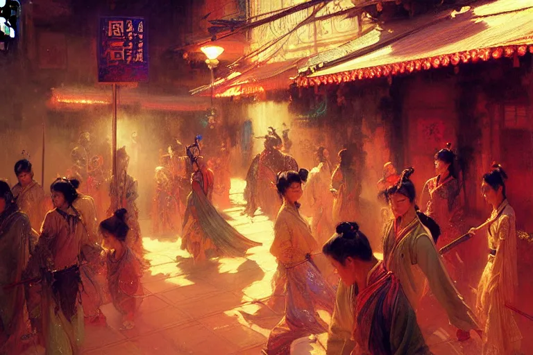 Image similar to wuxia, neon light, painting by gaston bussiere, craig mullins, j. c. leyendecker