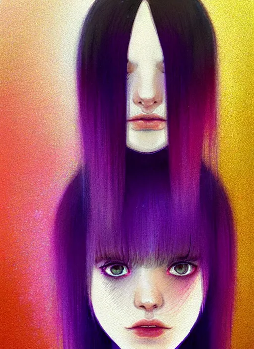 Image similar to hair whitebangs hair, black hair, whitebangs, portrait of teenage girl with white bangs, red irises, purple clothes, white bangs, bangs are different color from hair, intricate, elegant, glowing lights, highly detailed, digital painting, artstation, concept art, smooth, sharp focus, illustration, art by wlop, mars ravelo and greg rutkowski