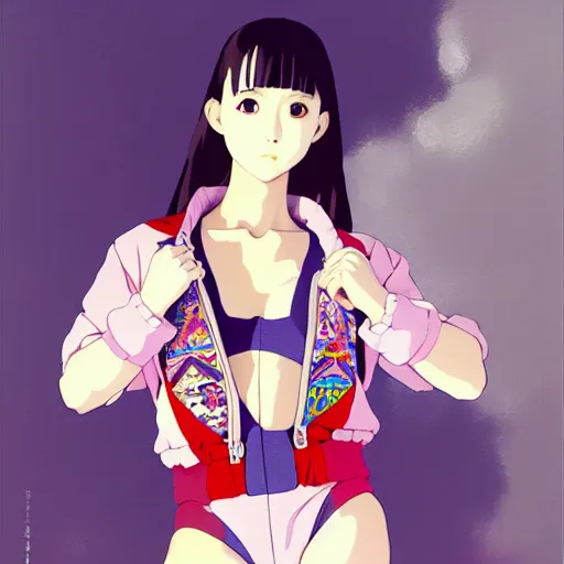 Image similar to a beautiful japanese natalie portman gravure model, wearing oversized native designer bomber jacket and leotard with overalls, bulky poofy bomber jacket with mesoamerican patterns, mesoamerican native street fashion, gapmoe yandere grimdark, trending on pixiv fanbox, painted by greg rutkowski makoto shinkai takashi takeuchi studio ghibli, akihiko yoshida