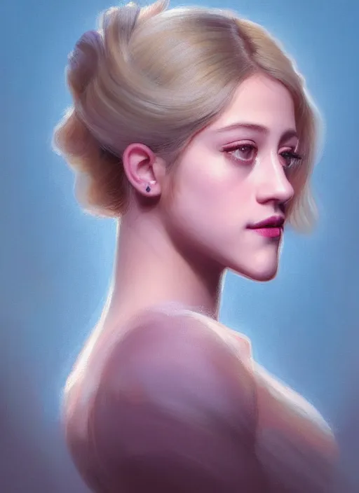 Image similar to portrait of lili reinhart with fluffy bangs, bangs, 1 9 6 0 s, ponytail, curly bangs and ponytail, rounder face, intricate, elegant, glowing lights, highly detailed, digital painting, artstation, concept art, smooth, sharp focus, illustration, art by wlop, mars ravelo and greg rutkowski