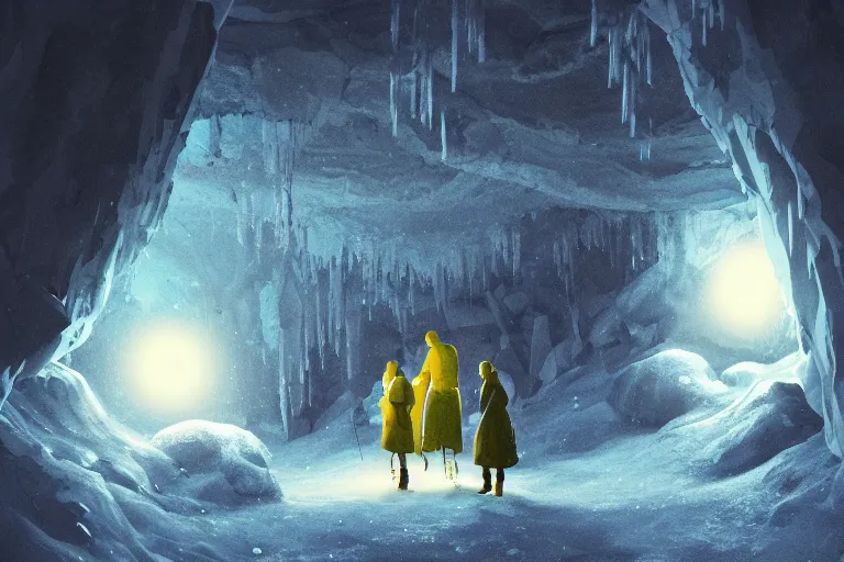 Image similar to three people exploring an open mysterious underground wintry crystalline glowing dimly - lit rocky ice cave with warm lanterns, blue and ( ( ( ( yellow ) ) ) ) tones, fantasy, concept art, amazing landscape painting, romanticism, geometric crystal structures, digital art, trending on artstation