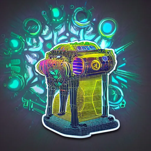 Image similar to sticker of a rock band, name is tripmachine, on the sticker is a 3 d render of a huge futuristic steampunk generator, 8 k, fluorescent colors, halluzinogenic, multicolored, exaggerated detailed, silk screen art